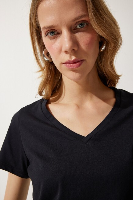 V Yaka Basic Örme T-shirt SİYAH LUB0011