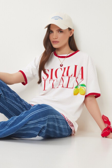 Baskılı Pamuklu Örme T-shirt EKRU KIRMIZI LNS0042