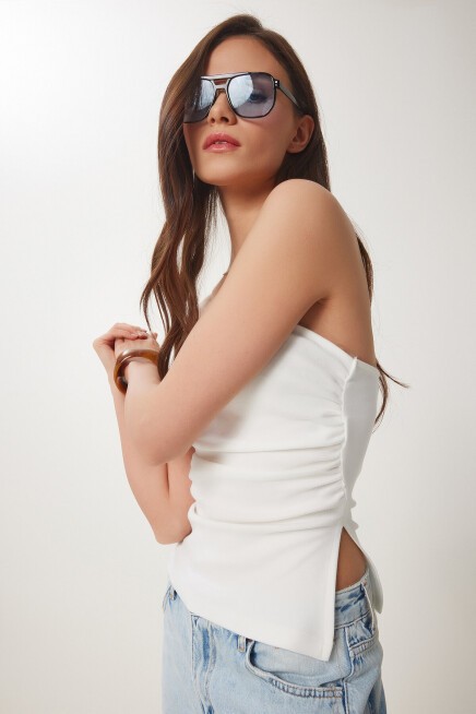 Büzgülü Straplez Örme Bluz KEMİK LNS0037