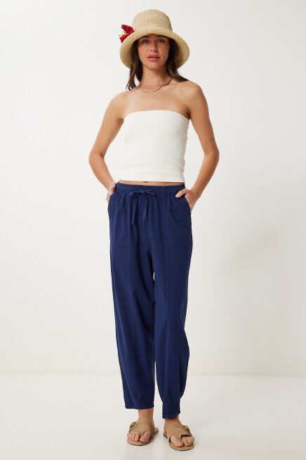 Çımalı Rahat Keten Şalvar Pantolon LACİVERT LMX0080