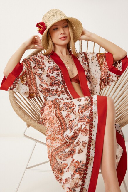 Desenli Şifon Kimono KİREMİT KEMİK LFG0002