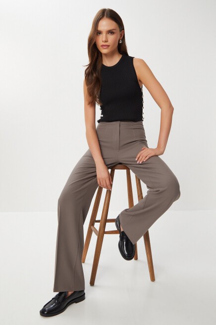 Dikişli Straight Poliviskon Pantolon VİZON LGP0023