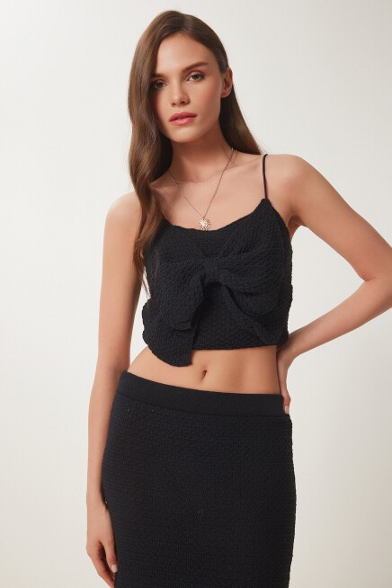 Fiyonklu Yazlık Triko Crop Etek Takım SİYAH LNS0036