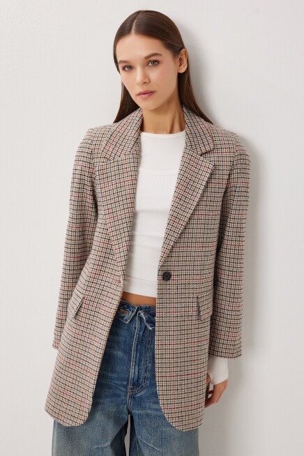 Kareli Vatkalı Düz Blazer Ceket KEMİK SİYAH LXA0019