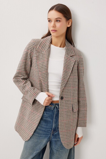 Kareli Vatkalı Düz Blazer Ceket KEMİK SİYAH LXA0019