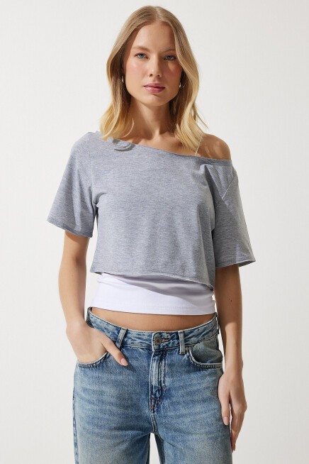 Kayık Yaka Basic Crop Örme T-shirt GRİ MELANJ LOW0037