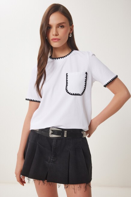 Kontrast Şertili Örme T-shirt BEYAZ LTP0013