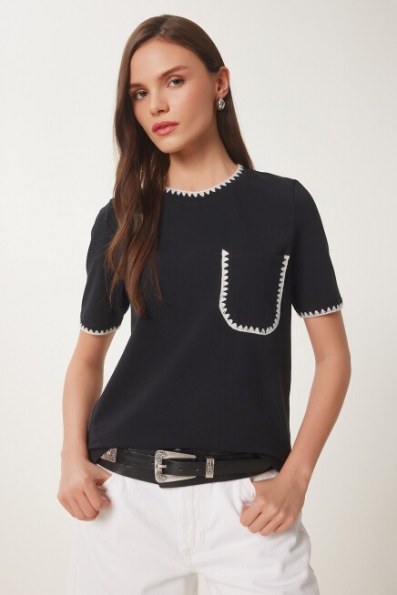 Kontrast Şertili Örme T-shirt SİYAH LTP0013