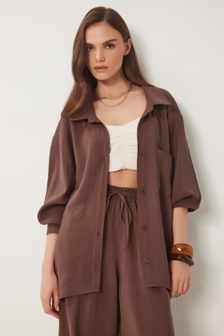 Oversize Modal Gömlek Pantolon Takım 58691 KAHVERENGİ LDP0038