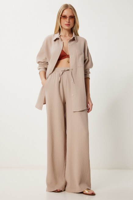 Oversize Müslin Gömlek Pantolon Takım BEJ LSA0014
