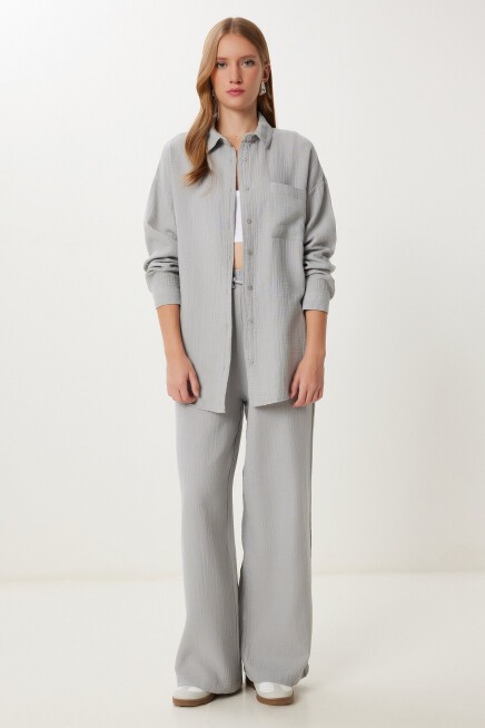 Oversize Müslin Gömlek Pantolon Takım GRİ LSA0014
