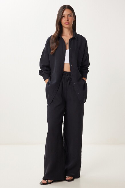 Oversize Müslin Gömlek Pantolon Takım SİYAH LSA0014
