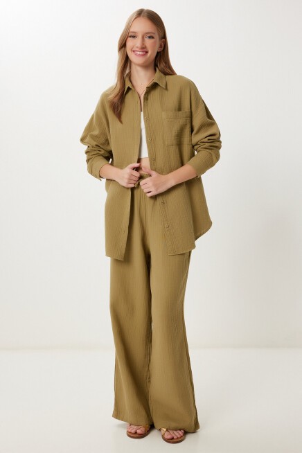Oversize Müslin Gömlek Pantolon Takım ZEYTİN YEŞİLİ LSA0014