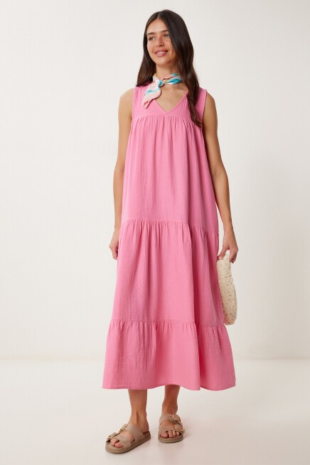 Volanlı Yazlık Müslin Elbise PEMBE LMX0087