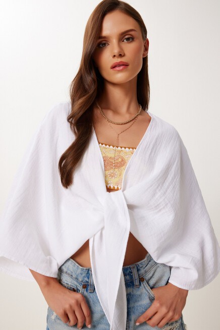 Bağlama Detaylı Crop Müslin Bluz BEYAZ LMX0092
