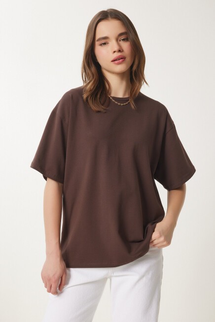 Basic Oversize Örme T-shirt KAHVERENGİ LHW0003