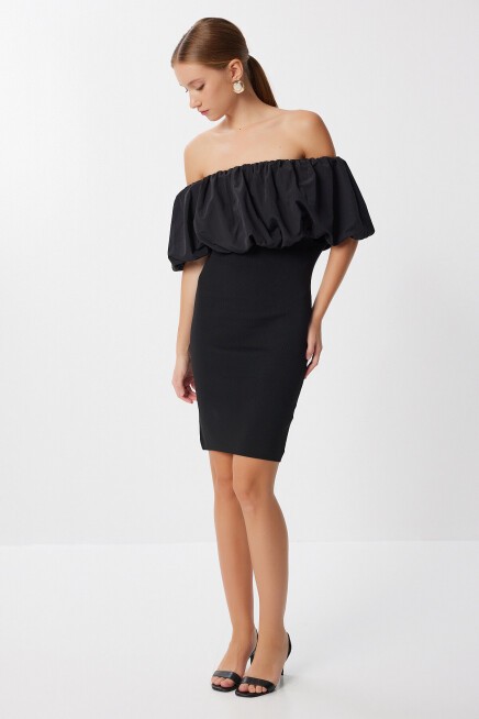 Carmen Yaka Fitilli Triko Mini Elbise SİYAH LNS0078