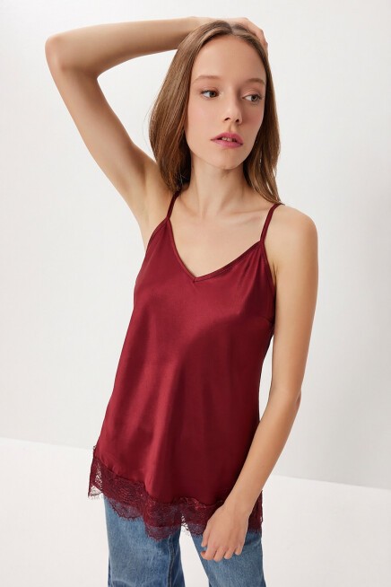 Dantelli Saten Yüzeyli Kamisol Bluz BORDO LNT0024