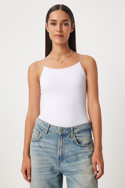 İkili İp Askılı Örme Bluz BEYAZ GRİ LLD0001