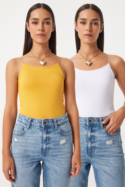 İkili İp Askılı Örme Bluz KOYU SARI BEYAZ LLD0001