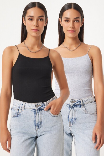 İkili İp Askılı Örme Bluz SİYAH GRİ LLD0001