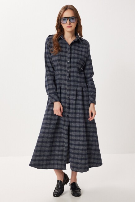 Kareli Midi Dokuma Elbise LACİVERT GRİ LLW0001