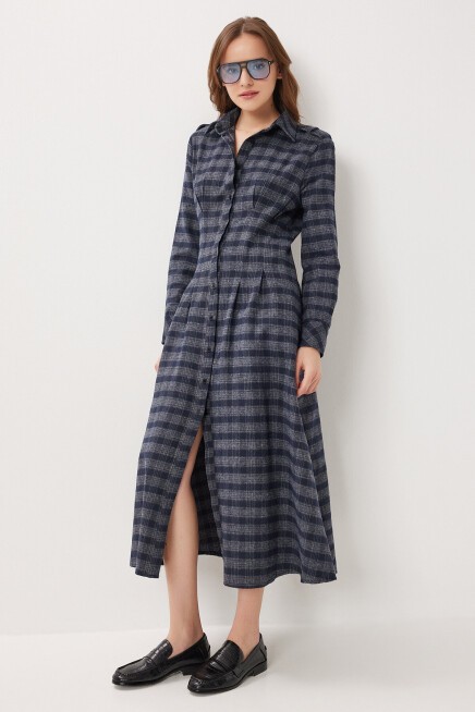 Kareli Midi Dokuma Elbise LACİVERT GRİ LLW0001