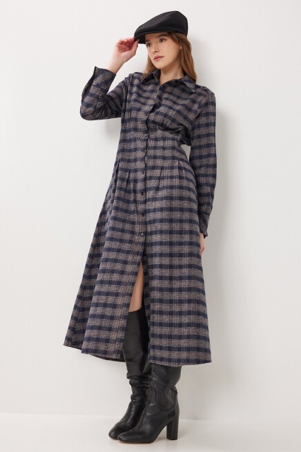 Kareli Midi Dokuma Elbise LACİVERT VİZON LLW0001