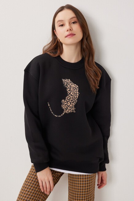Leopar Baskılı Oversize Şardonlu Örme Sweatshirt SİYAH LMC0078