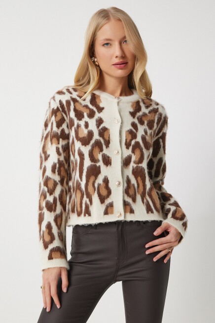 Leopar Desenli Kısa Sakallı Hırka KREM KAHVERENGİ LKB0007