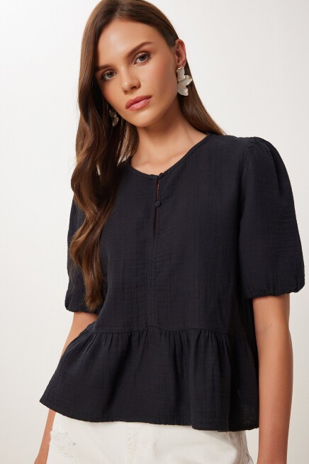 Volanlı Müslin Bluz SİYAH LMX0091