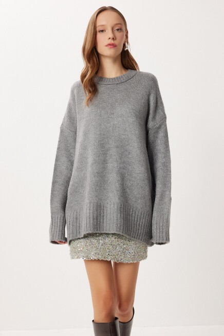 Yumuşak Dokulu Oversize Triko Kazak GRİ LPF0063