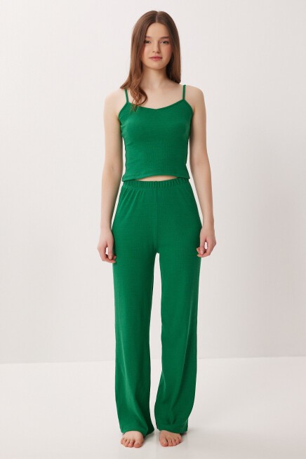 Askılı Crop Fitilli Örme Pijama Takımı KOYU YEŞİL LRN0018