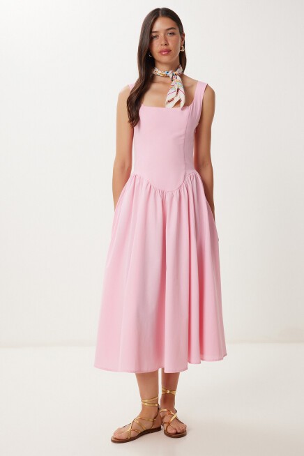 Askılı Yazlık Midi Poplin Elbise PEMBE LRG0030