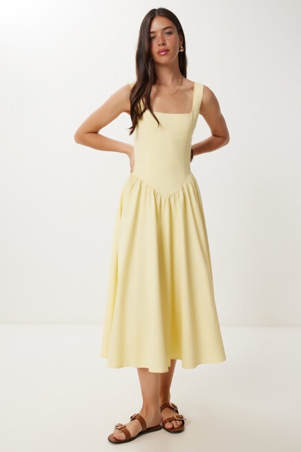 Askılı Yazlık Midi Poplin Elbise SARI LRG0030