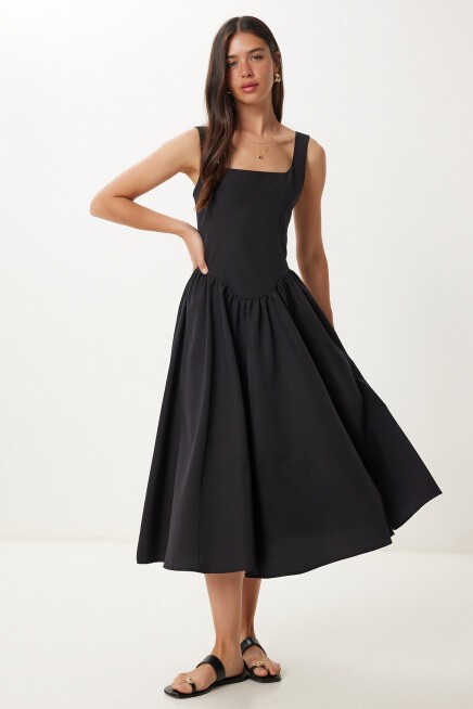 Askılı Yazlık Midi Poplin Elbise SİYAH LRG0030