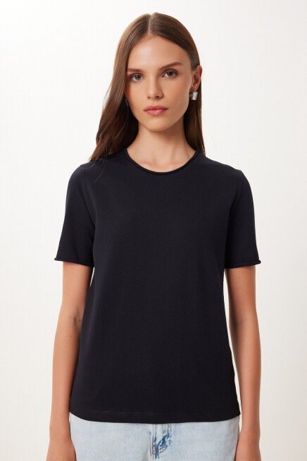 Basic Pamuklu Örme T-shirt SİYAH LUB0124
