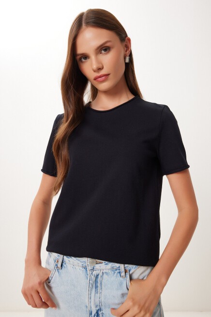 Basic Pamuklu Örme T-shirt SİYAH LUB0124