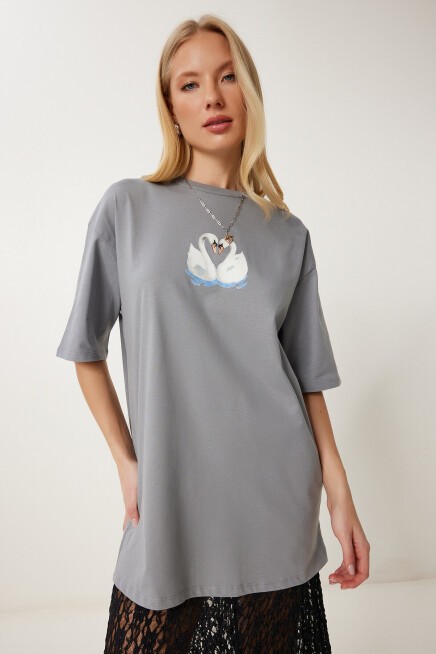 Baskılı Oversize Örme Elbise GRİ LUB0118