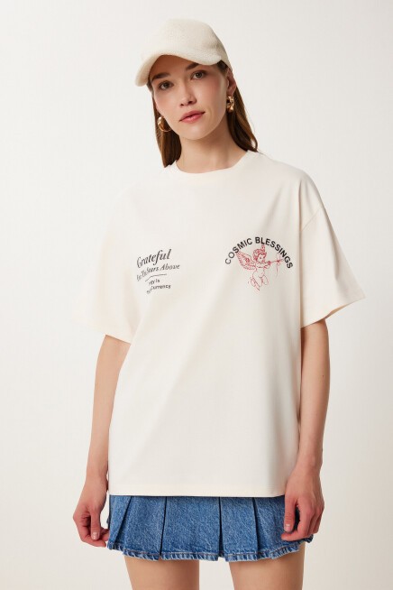 Baskılı Pamuklu Örme T-shirt KREM LUB0134