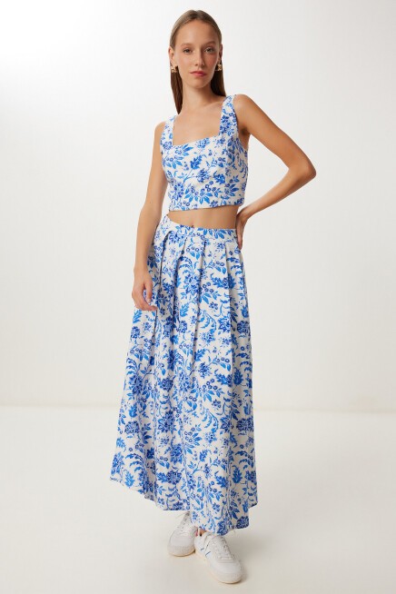 Desenli Crop Bluz Etek Dokuma Takım MAVİ EKRU LUB0130
