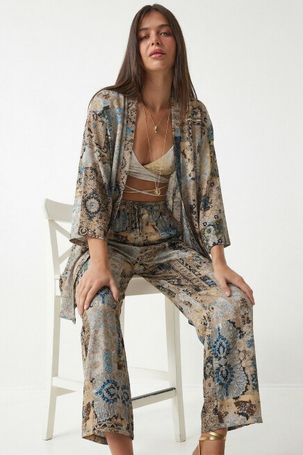 Desenli Yazlık Viskon Kimono Pantolon Takım BEJ MAVİ LRN0013