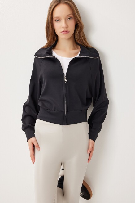 Dik Yaka Fermuarlı Modal Sweatshirt SİYAH LUB0308