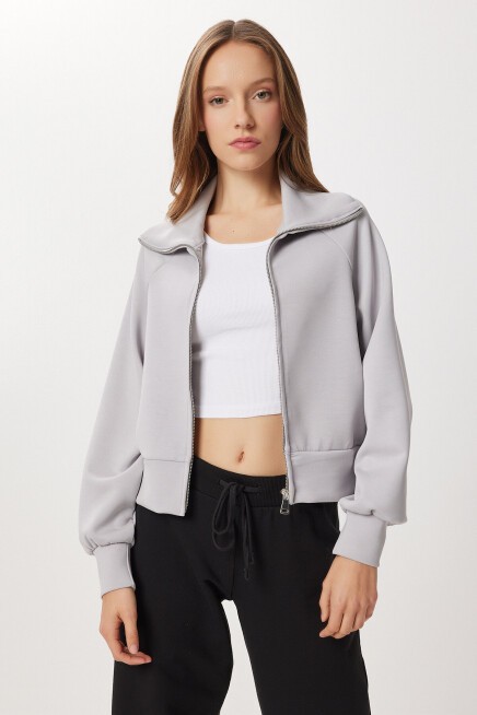 Dik Yaka Fermuarlı Modal Sweatshirt TAŞ GRİSİ LUB0308
