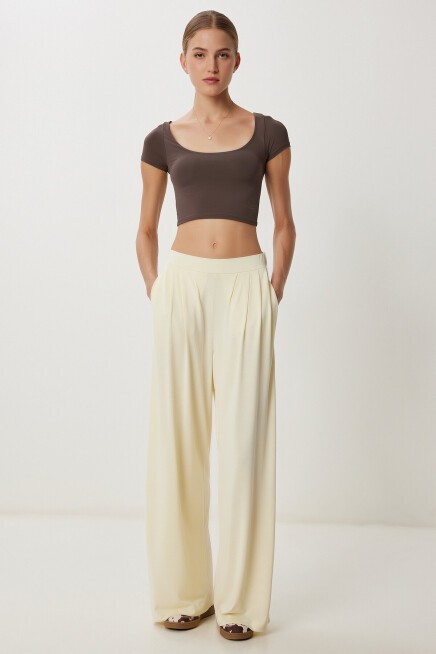 Geniş Paça Dökümlü Modal Pantolon AÇIK SARI LUB0208