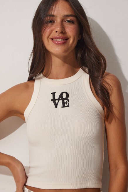 Halter Yaka Nakışlı Fitilli Crop Örme Bluz KREM LUS0044