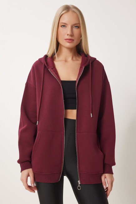 Kapüşonlu Fermuarlı Oversize Şardonlu Örme  Sweatshirt BORDO LUB0002