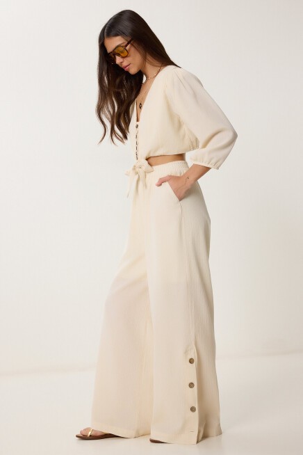 Keten Crop Bluz Pantolon Takım KREM LRV0107
