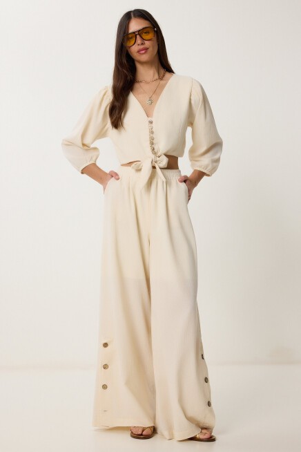 Keten Crop Bluz Pantolon Takım KREM LRV0107