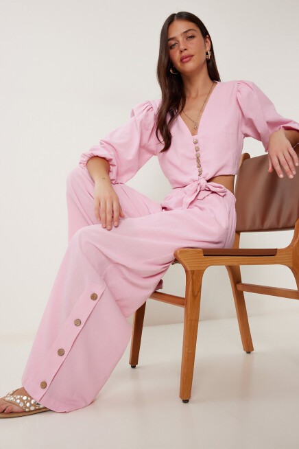Keten Crop Bluz Pantolon Takım ŞEKER PEMBE LRV0107
